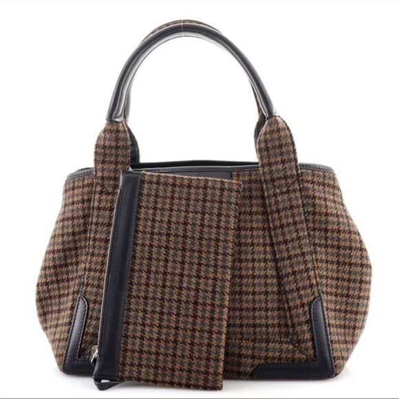 BALENCIAGA Brown Tweed Plaid Handbag Purse Brown Navy Cabas Satchel - Picture 2 of 9